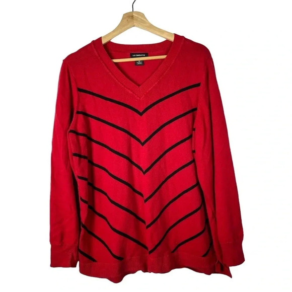 Liz Claiborne Red Black Stripe V-Neck Pullover Sweater 0X - Picture 1 of 4